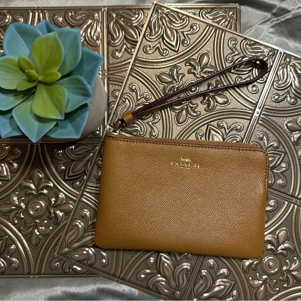 🌹Coach • Brown Zippered Pouch Wristlet - Soft Leather - Casual Cool Color